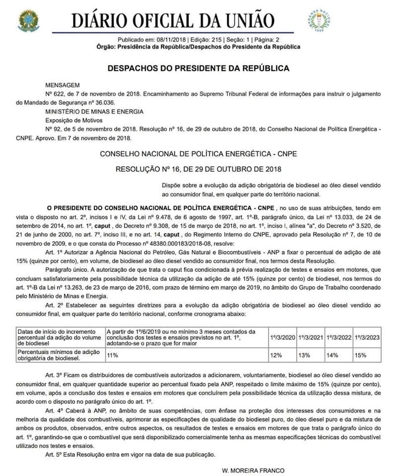 Publicado no Diário Oficial da União o  aumento anual de 1 ponto porcentual na mistura de biodiesel 