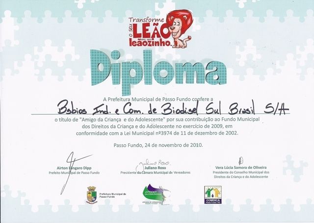 BSBIOS receives diploma Amigo da Criança e do Adolescente